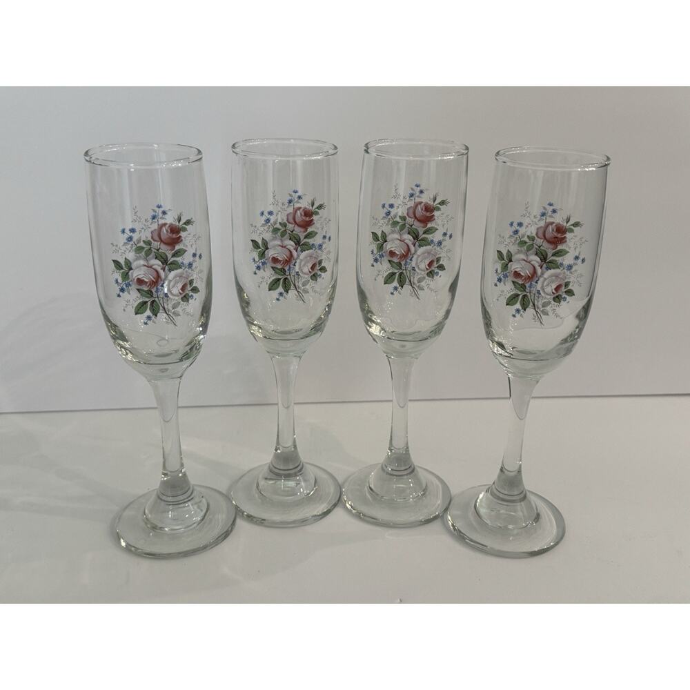 Set of 4 Vintage Floral Wine Glasses Champagne Flute